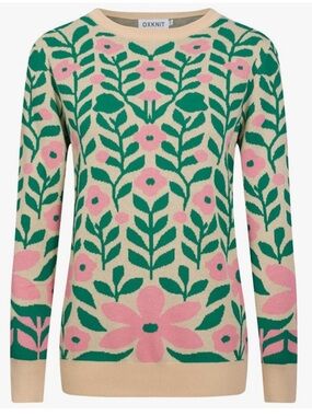 🆕 OXKnit Knit Long Sleeve Crewneck Sweater Pink/Beige Floral Pattern - M
